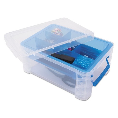 Advantus Super Stacker Divided Storage Box Clear W/blue Tray/handles 10.3 X  14.25x 6.5 37371 : Target