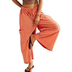 Coolmee Women's Palazzo Pants Summer Casual Wide Leg High Waist Lounge Flowy Travel Vacation Striped Trousers - 1 of 4