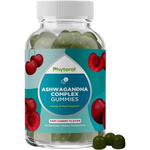 Calming Ashwagandha Gummies with Zinc & VIT D for Adults, Tasty Adaptogen Stress Gummies for Energy & Mood Support, Cherry Flavor, Phytoral, 60ct - 1 of 4