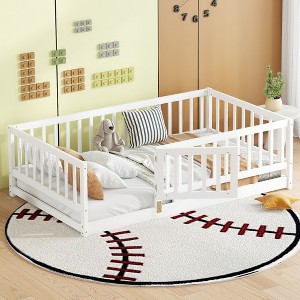 CAVINAS Twin/Full Size Bed Frame with Heightened Fence & Door,Montessori Wood Floor Bed for Kids Room,Bedroom - 1 of 4