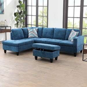 AndMakers 97 in. W Square Arm 3-piece Linen Transitional L Shaped Sectional Sofa in Blue - 1 of 4