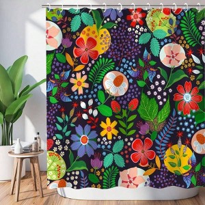 Boho Black Floral Shower Curtain, 72x72, 12 Hooks, Bohemian Style - 1 of 4