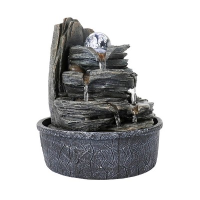 9.8" Rocky Tabletop Water Fountain with LED Lights and Crystal Ball - Gray - Watnature