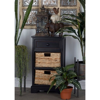 Black Pinewood Accent Table with Wicker Basket Drawers