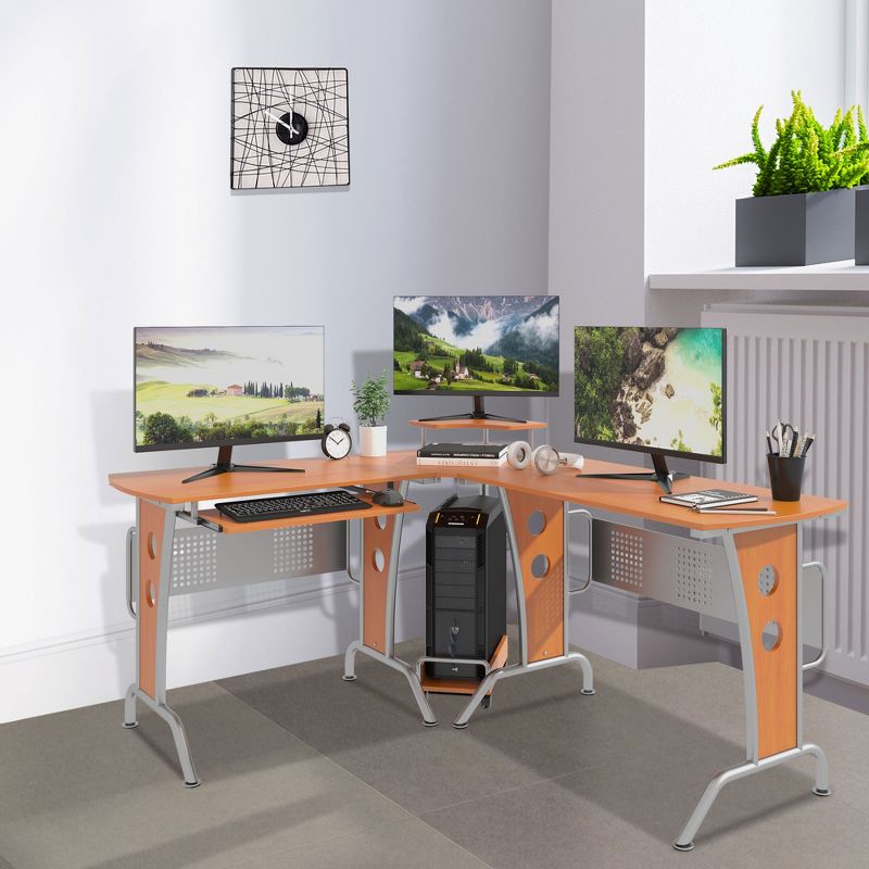 HomCom L-Shaped Corner Computer Office Desk Workstation with Elevated Shelf, Rolling Keyboard Tray, and CPU Stand, 2 of 9