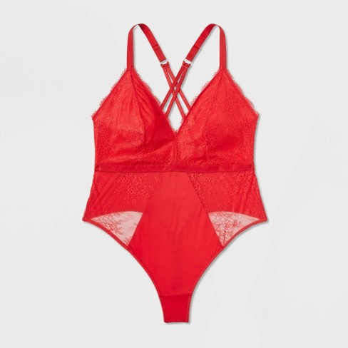 Women's Deep-V Unlined Lace Lingerie Bodysuit - Auden™ Red 2X