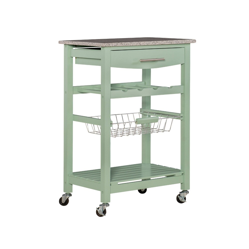 Roger Green Wood Movable Kitchen Cart Granite Top Storage Wine Rack Locking Wheels - Linon: Pine Frame, Wire Basket