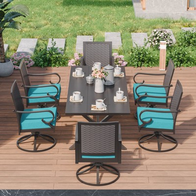 ALAULM 7-Piece Balcony Dining Set Outdoor Furniture, includes 6 rattan rocking chairs and a large metal dining table with umbrella hole, blue.