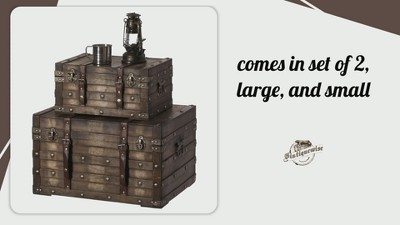 Small Brown Wooden Storage Trunk with Faux Leather Straps