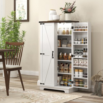 White Farmhouse Kitchen Pantry Cabinet with LED Light and Adjustable Shelves