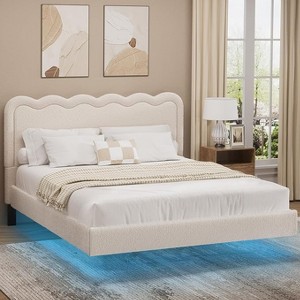 Vipbear Queen Size Boucle Bed Frame with LED Lights, Floating Bed Frame with Waved Headboard & Sturdy Metal Frame, Noise-Free£¬beige - 1 of 4