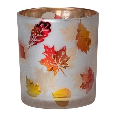 Northlight 3" Matte White and Gold Autumn Leaves Flameless Glass Candle Holder