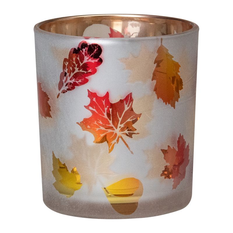 Northlight 3" Matte White and Gold Autumn Leaves Flameless Glass Candle Holder, 1 of 4