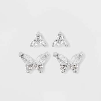 Sterling Silver Cubic Zirconia Butterfly Stud Earring Set 2pc - A New Day™