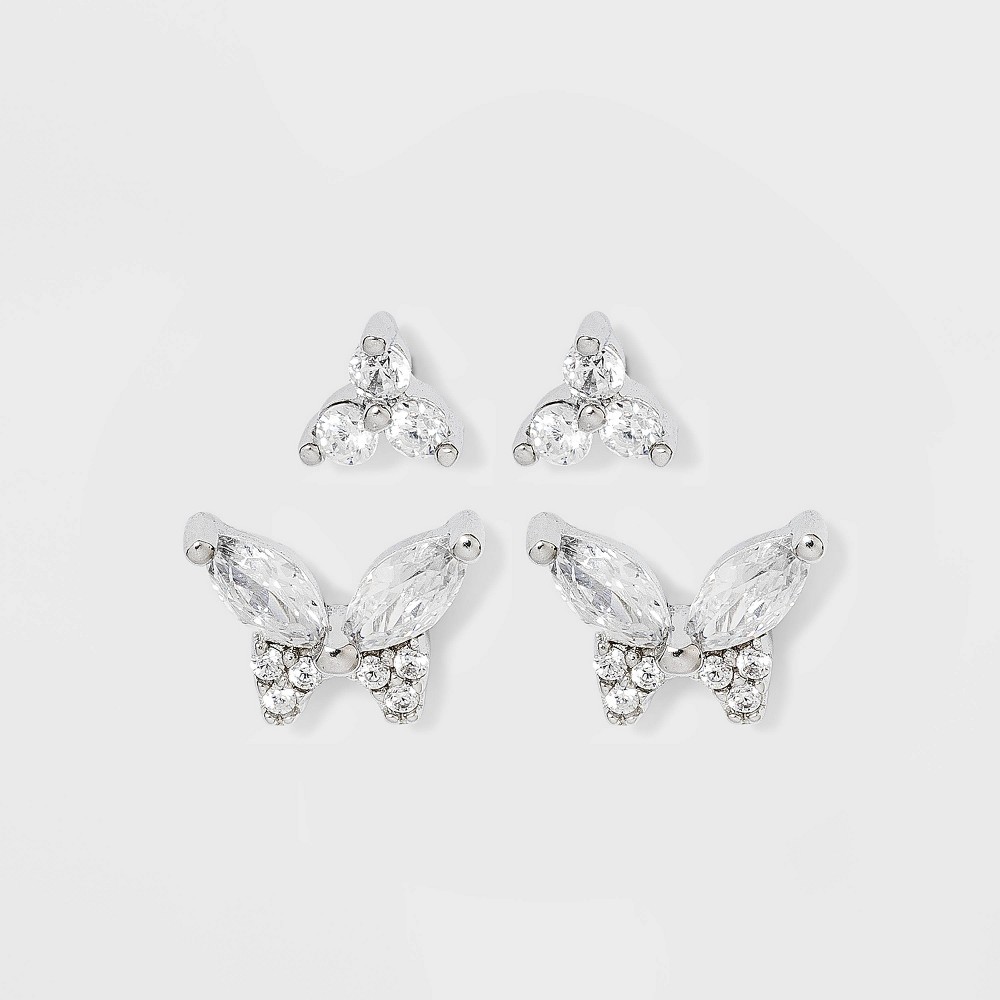 Photos - Earrings Sterling Silver Cubic Zirconia Butterfly Stud Earring Set 2pc - A New Day™