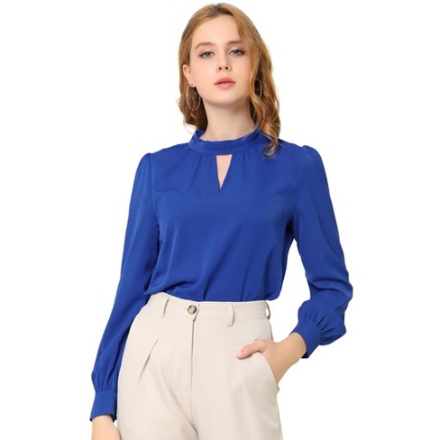 Allegra K Women's Office Keyhole Elegant Stand Collar Long Sleeve Chiffon  Blouses Royal Blue Small