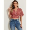 INSPIRE CHIC Women's Floral Flare Short Sleeve V Neck Summer Smocked Crop Tops - 3 of 4