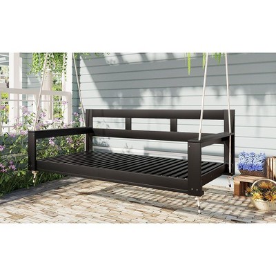 CAVINAS Twin Size Outdoor Swing Bed Daybed Frame with 4 Hanging Ropes,Wooden Porch Swing for Garden,Courtyard
