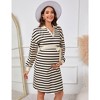 Maternity Sweater Dress Long Sleeve Collar V Neck Striped Midi Dress with Belt Baby Shower Photoshoot - 4 of 4