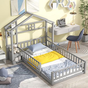 Okak Twin Size House-Style Roof Bed Frame with Nightstand & Guardrails, Modern Floor Bed with Headboard for Toddlers/Kids Bedroom - 1 of 3
