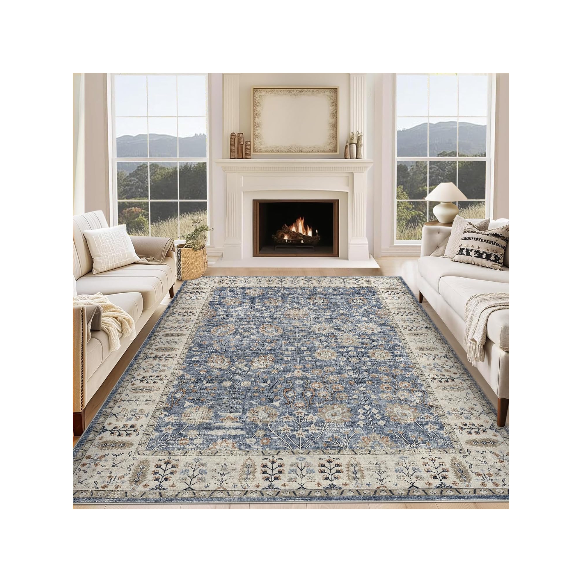 Fulvari 5x7 Boho Bedroom Area Rug,Soft Vintage Washable Rugs for Living Room,Non Shedding Disdressed Floor Carpets for Home Decor Dining Room Blue