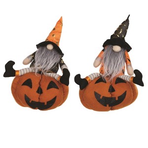 Plush Halloween Gnome on Pumpkin Set – 14"H – Fabric Orange Black – By Melrose - 1 of 3