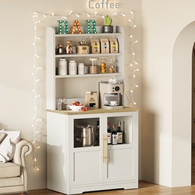 Farmhouse 2 Glass Door Bakers Rack with Power Outlet, Thickened Counter, Wooden Kitchen Storage Cabinet with Large Storage, Easy Assembly
