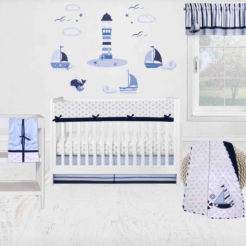 Bacati - Little Sailor Anchor Boat Blue Navy 6 pc Crib Bedding Set with Long Rail Guard Cover, 1 of 12