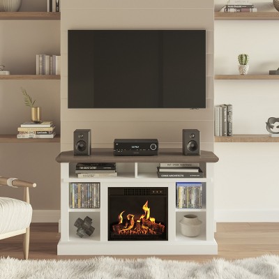 White Corner TV Stand with Electric Fireplace and Storage Cabinet