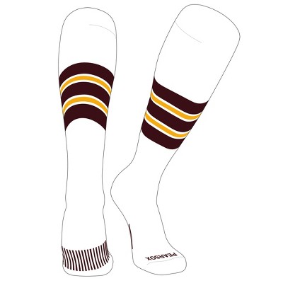PEAR SOX Striped OTC Baseball, Softball, Football Socks (E) White, Maroon, Gold