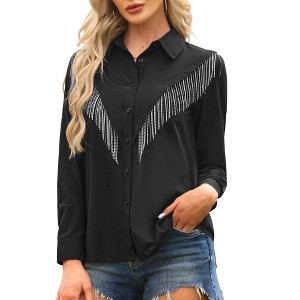 INSPIRE CHIC Women's Fringe Turndown Collar Long Sleeve Spakle Tassel Western Cowgirl Blouses - 1 of 4