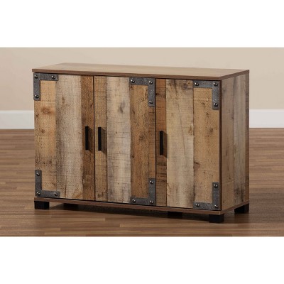 Rustic Brown Wood 3-Door Shoe Cabinet with Metal Accents