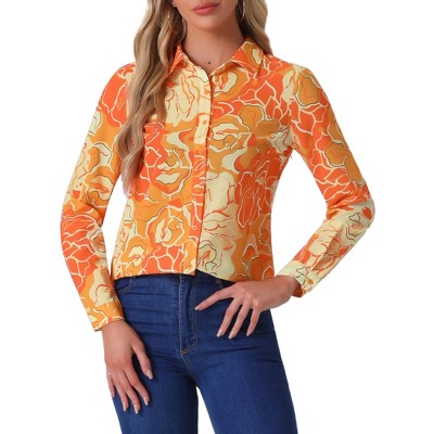 Allegra K Women's Point Collar Long Button Sleeve Button Down Floral Shirt