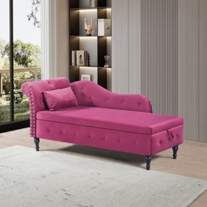 60" Velvet Storage Chaise Lounge - Multifunctional 2-in-1 Tufted Bench with Solid Wood Legs, Nailhead Trim & Included Pillow, 300lb Capacity - 1 of 4