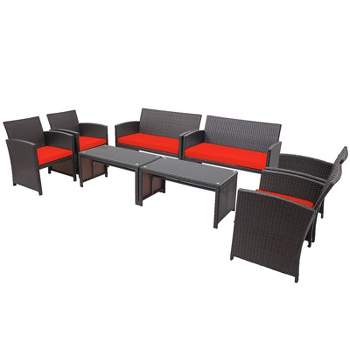 Tangkula 8PCS Outdoor Patio Furniture Sets Weather-Resistant Rattan Sofas w/ Soft Cushion Red