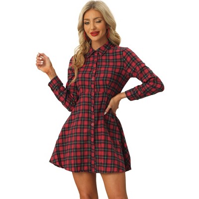 Allegra K Women's Plaids Button Down Cotton Mini A-line Shirt Dress Red ...