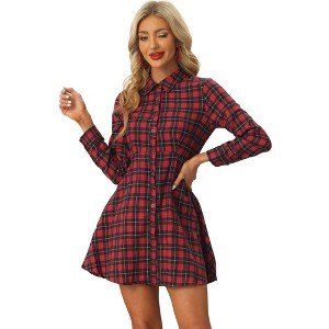 INSPIRE CHIC Women's Plaid Button Down Cotton Mini A-Line Shirt Dress - 1 of 4