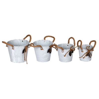 Vickerman 5-8" Tin Containers Natural Rope Handles and accents 4/pk. These baskets are made of tin and feature natural rope handles and natural rope