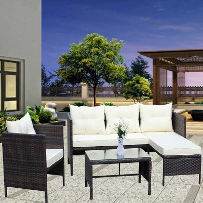 Outdoor 4 Pcs Patio Furniture Set, Wicker Rattan Sectional Sofa and Glass Top Coffee Table, Conversation Set with PE Cushions-Coolbibila