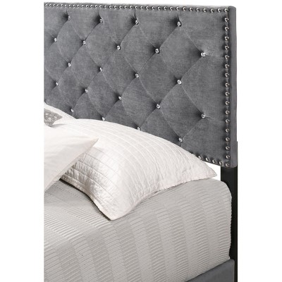 Suffolk Gray Velvet Queen Bed with Jeweled Tufting and Nailhead Trim