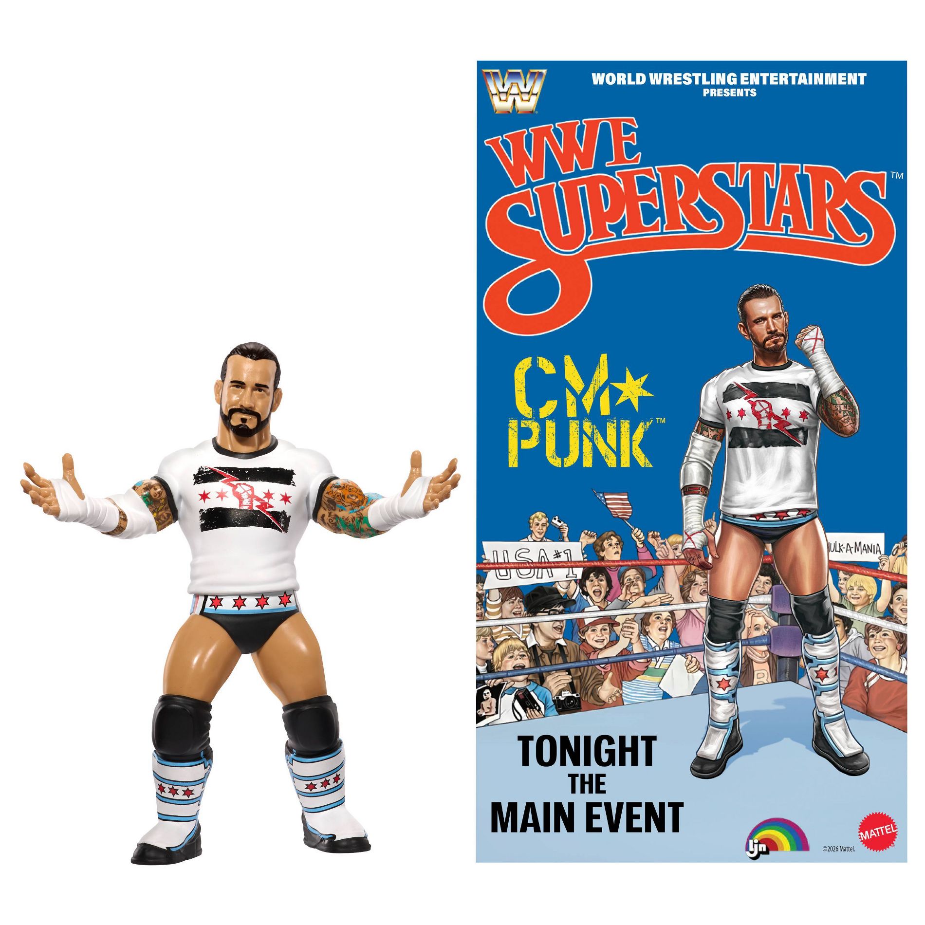 LJN WWE Superstars CM Punk Action Figure, 1980s Retro 8" Collectible Toy