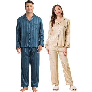 INSPIRE CHIC Couples Satin Pajamas Sets Long Sleeve Button Down Casual 2 Pack Striped Sleepwear - 1 of 4