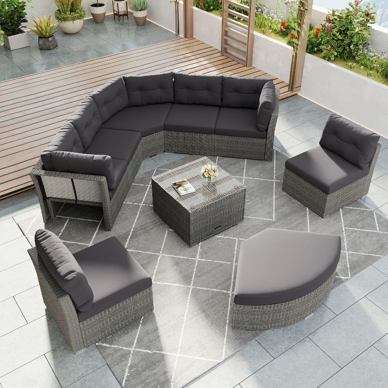 Janey 7-Piece PE Rattan Patio Conversation Set, Patio Sectional Sofa Set with Coffee Table, Outdoor Furniture - Maison Boucle, 2 of 9