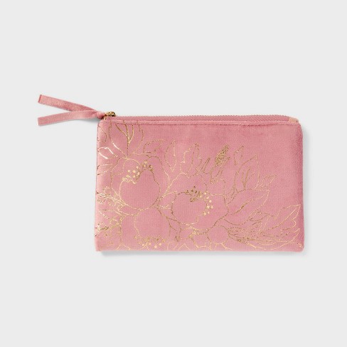Mauve Pink Velvet Zip Pouch Threshold Floral Linen Clutch Botanical Pattern Single Handle 8 x5