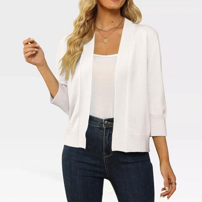 Women's Lightweight 3/4 Sleeve Cropped Cardigan Sweater Open Front Short Shrugs,White - L