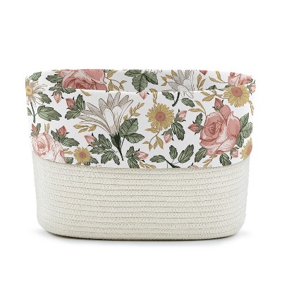 Image of Sweet Jojo Designs Woven Cotton Rope Decorative Storage Basket Bin Vintage Floral Pink Green and Yellow