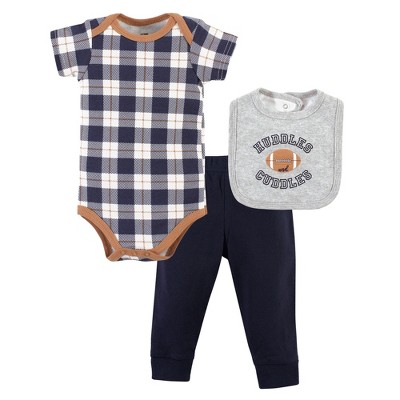 Image of Hudson Baby Infant Boy Cotton Bodysuit, Pant and Bib Set, Football Huddles, Newborn