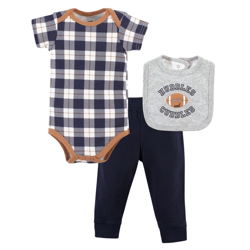 Hudson Baby Infant Boy Cotton Bodysuit, Pant and Bib Set, Football Huddles, 1 of 6