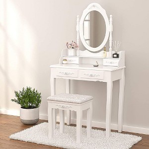 Vanity Table Set with 4 Drawer, Makeup Dressing Table w/Cushioned Stool - 1 of 4