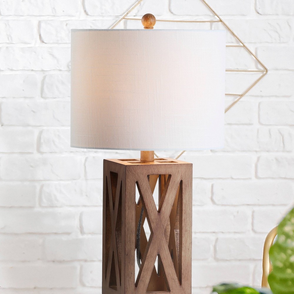 Set of 1 21.5" Stewart Farmhouse Wood Table Lamps: Linen Shade, LED Included - Jonathan Y
